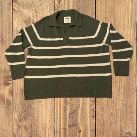 Aerie Green & White Striped V-Neck Oversized Sweater Soft Cozy Size Large - Picture 6 of 6